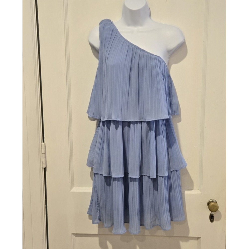ZESICA Women's One Shoulder Sleeveless Pleated Tiered Chiffon Mini Dress Small